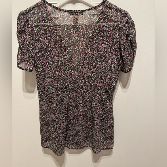 American Rag V-Neck Button Up Sheer Floral Short Sleeve Blouse Top Small - Picture 4 of 5
